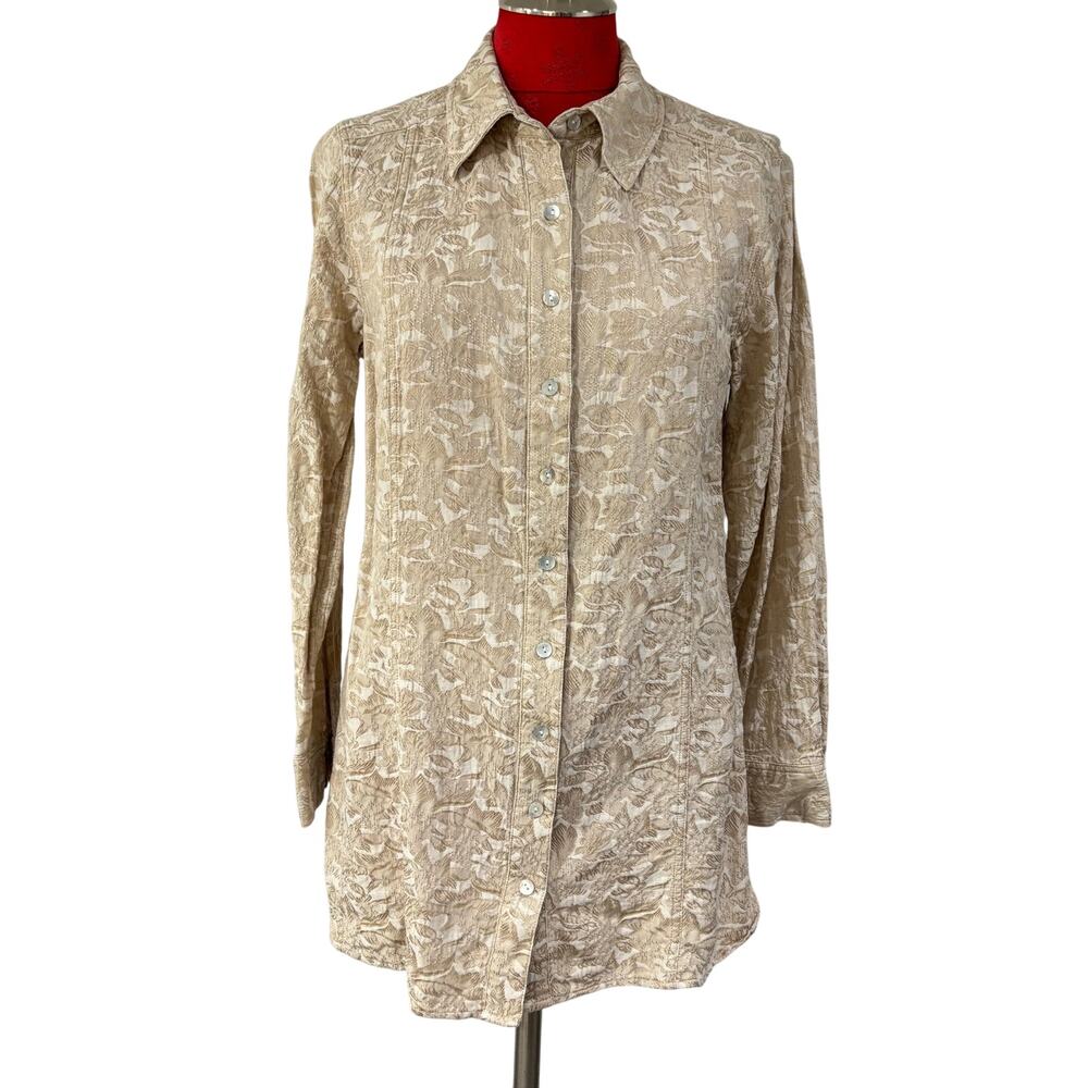 Soft Surroundings Size M blouse beige tan floral brocade button front shirt